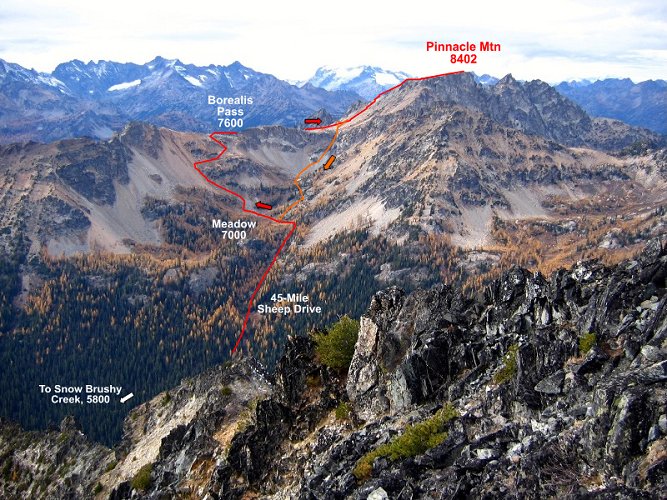 Here's the route from the Snow Brushy Creek valley up to Borealis Pass and the summit, and then down by a more direct route.